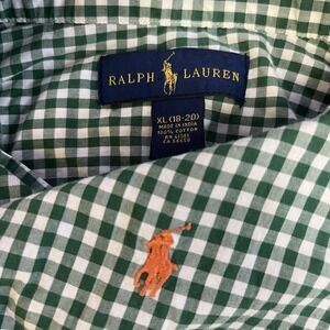 Ralph Lauren Youth XL Green White Gingham Check Long Sleeve Button Down 18-20